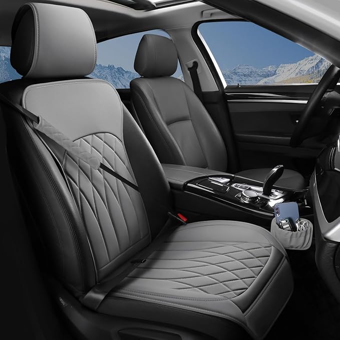 1 Pack Leather Front Car Seat Cover, Universal Sideless Car Seat Protector with Storage Pocket and Seat Belt Pad, Waterproof 