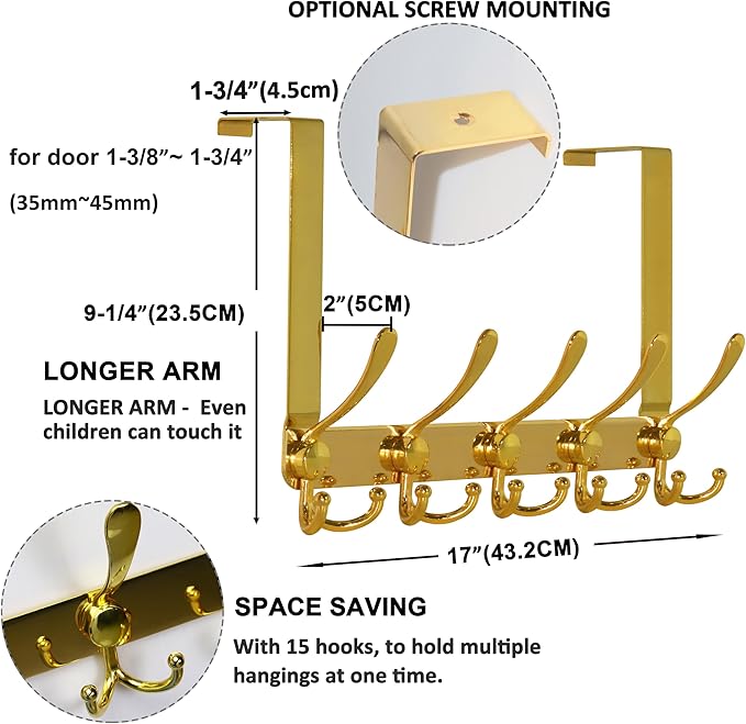 Dseap Over The Door Hook Hanger - Fits 1 3/8" to 1 3/4" Standard Doors | 5 Tri Hooks Heavy Duty Towel/Coat Rack | Door Organi