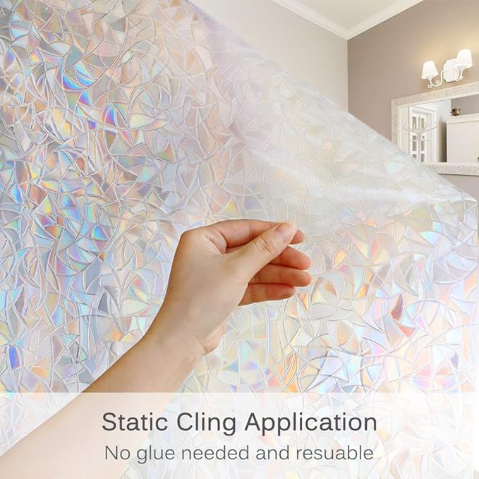 Volcanics Window Privacy Film with Installation Tools, Static Window Clings Vinyl 3D Window Decals Window Stickers Rainbow Window Film for Glass Door Home Heat Control Anti UV 17.5 x 118 Inches