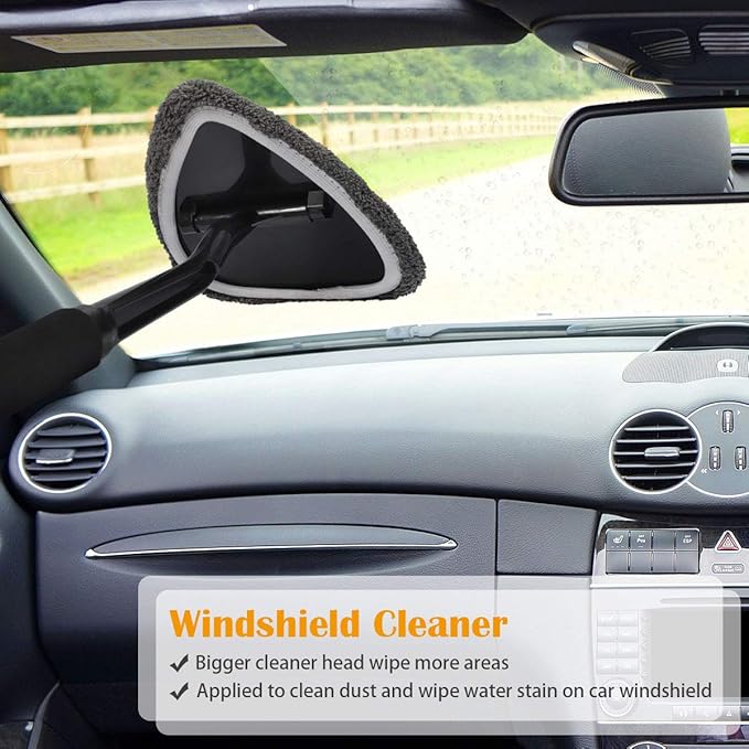 AutoEC Car Window Glass Cleaner Wand Windshield Interior Cleaning Tool with Detachable Ice Scraper for Car Auto SUV Truck, 2 Coral Fleece Bonnets