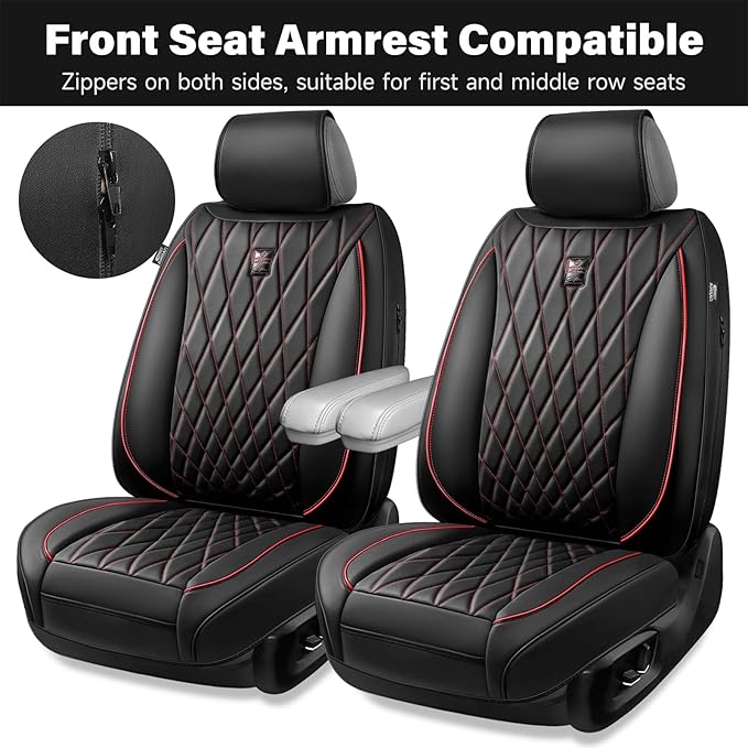 CAR PASS Luxury PU Leather Two Front Car Seat Covers, Waterproof Seat Covers Compatible with Front Seat Armrests, Airbag Comp