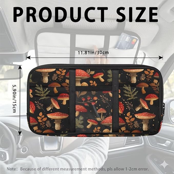 Mushroom Car Sun Visor Organizer, Multi-Pocket Car Truck SUV Storage Pouch Holder Elastic Bands Universal Fit Document Holder for Registration