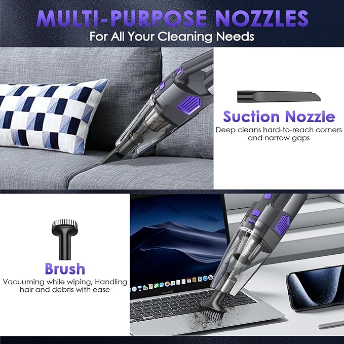 Handheld Vacuum Cordless, 15000PA Strong Suction Hand Held Car Vacuum Cleaner Rechargeable, Portable Hand Vacuum with Multi-N