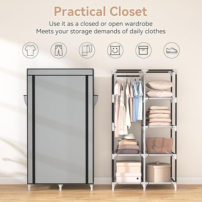 ROJASOP Portable Closet Wardrobe Closet for Hanging Clothes with 6 Storage Shelves, 1 Hanging Rod and 4 Pockets, Clothes Orga