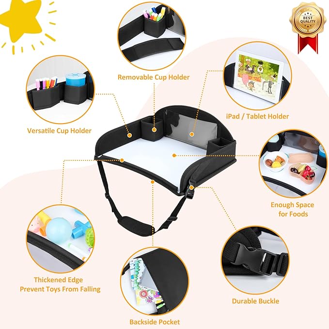 2Pcs Kids Travel Tray for Toddler Carseat, Road Trip Activities Essentials for Toddler, Kids Lap Desk Tray with Tablet Holder Stand ＆ Dry Erase Board (Black-2Pcs)