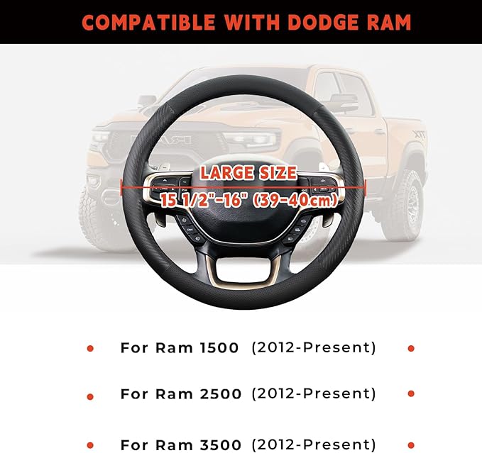 Steering Wheel Cover for Dodge Ram 1500, Ram 2500, Ram 3500, Fit 15.5-16" Wheels (Black-Half Carbon Fiber)