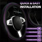 NBTEPEM Microfiber Steering Wheel Cover and Waterproof Car Floor Mats, Universal Fit Most Truck, SUV, Cars, 14.5-15inch Sporty Steering Wheel Covers with Anti-Slip Lining (Black with Purple line)