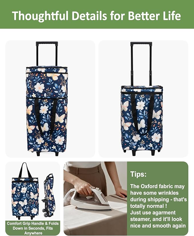 Foldable Rolling Bag, Portable Small Shopping Cart with Wheels, Collapsible Shopping Tote with Stylish Pattern for Market & Grocery Runs–Gift for Women & Seniors, Pro L, bluebfly
