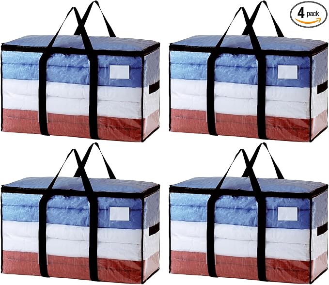 TAILI Extra Large Moving Bags, 4 Pack Clear Heavy Duty Totes For Storage with Visible Window, Wrap Around Handles, Storage Ba