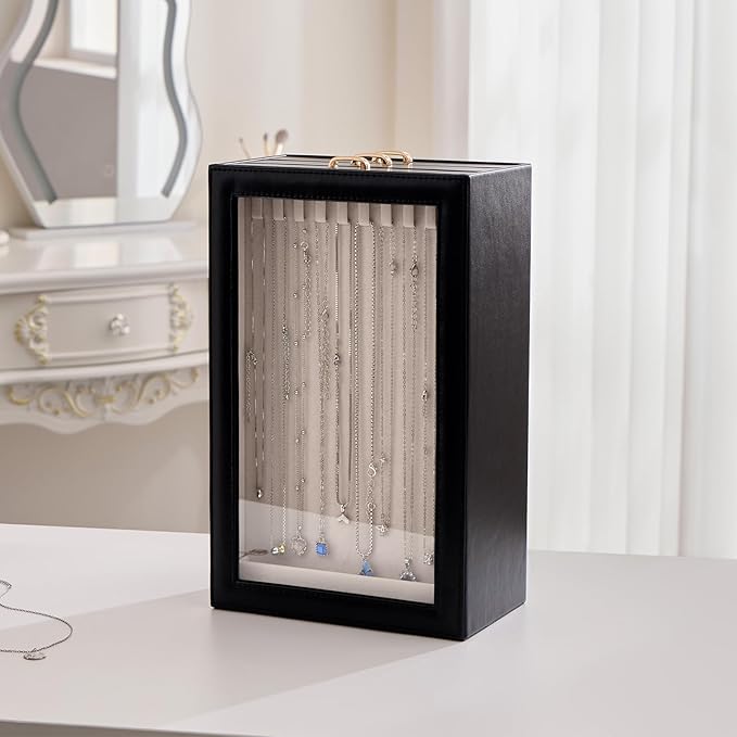 Lolalet Necklace Organizer Box, Jewelry Storage Box with Clear Window for Necklaces Bracelets, Tangle-Free Necklace Display C