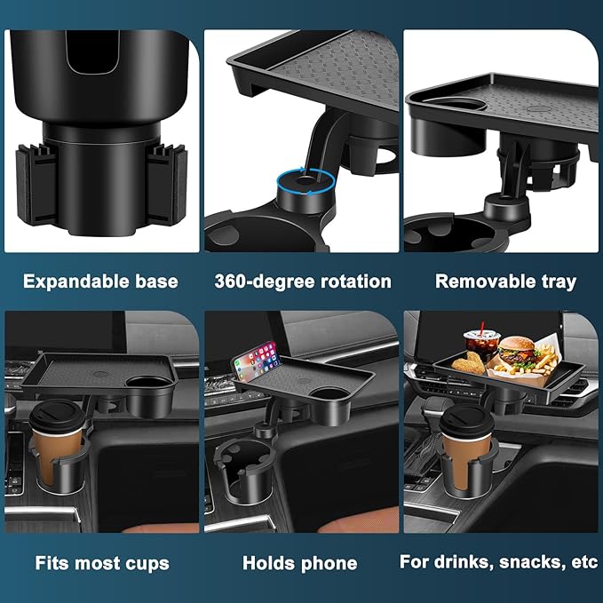 JPart Car Cup Holder Tray, Cup Holder Expander, 2 in 1 Detachable Car Food Tray with 360°Rotation Tray for Eating, Storage an