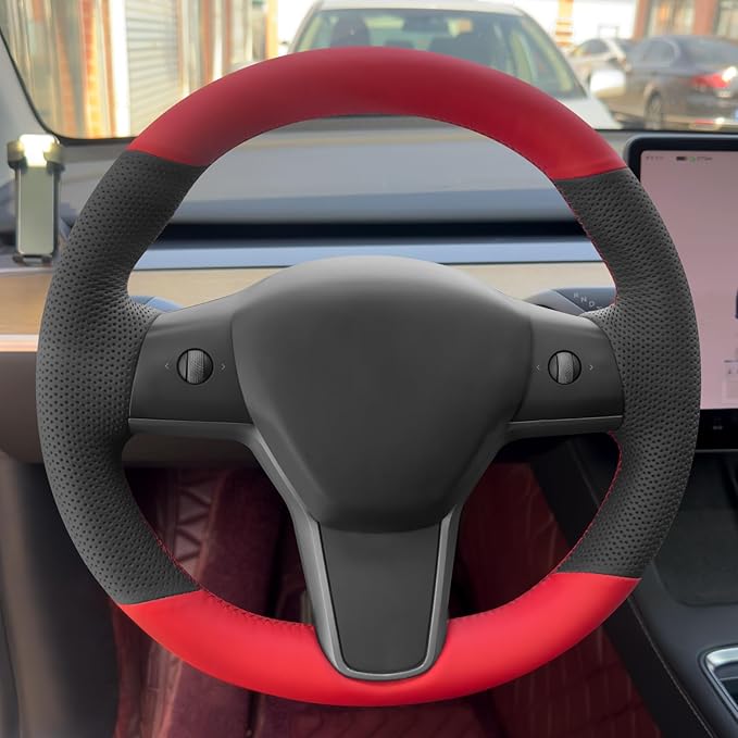 MEWANT Hand Stitched Steering Wheel Cover for Tesla Model 3 2017-2023 / Model Y 2020-2023 for Tesla Model 3/Y Accessories
