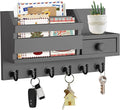 VIS'V Key Holder Wall Mount, Wooden Mail and Key Organizer with Drawer and Shelf, 2 Slots, 6 Hooks, Grey