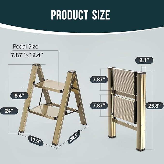WOA WOA Step Ladder, 2 Step Foldable Step Stool with Widen Pedals, Portable Aluminum Stepladder, Compact Ladder for Space Sav