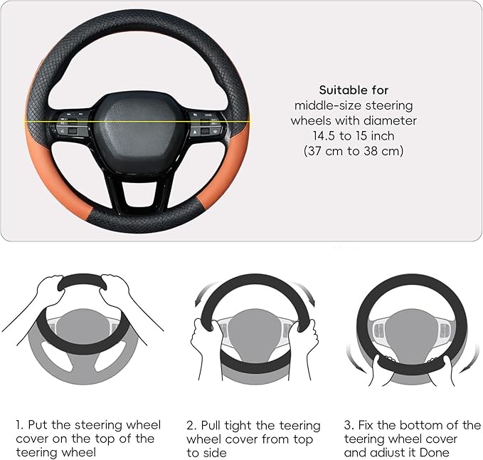 LABBYWAY Car Steering Wheel Cover, Leather, Universal 15 Inch Fit, Anti-Slip & Odor-Free,Brown