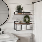 WOPITUES Floating Shelves with Wire Storage Basket, Bathroom Shelves Over Toilet with Protective Metal Guardrail, Wood Wall S