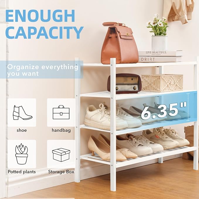 4 Tier Bamboo Shoe Rack Storage Organizer for Closet, Multifunctional Stackable Free Standing Shoe Shelf Organizer for Small 