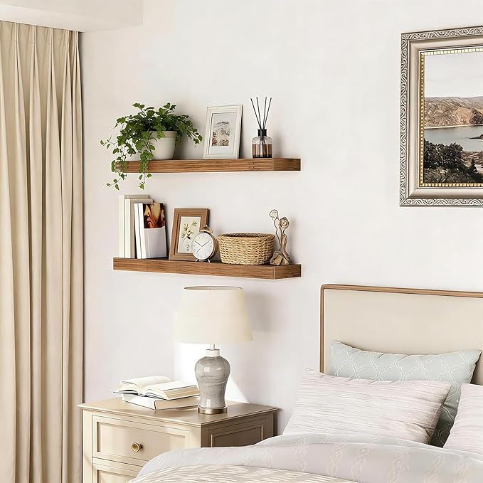 35.8 inch Rustic Brown Floating Shelves Set of 2, Solid Wood Wall Mounted Shelves, Heavy Duty Display Storage Shelves for Bed