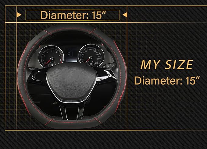 D Shape Car Steering Wheel Cover, Universal 15 inch Stitching Color Anti-Slip Steering Wheel Protector, Red and Black Style (