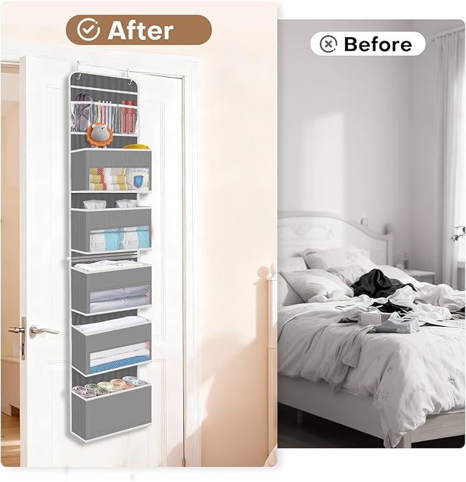SpaceWhisper Over the Door Organizer, 6 Large Pocket Hanging Storage Organizer with 40lb Capacity, Space Saving for Nursery, 
