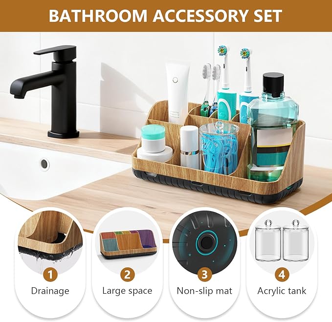 GFWARE Bathroom Toothbrush Holder Set with 2 Pack Qtip Holder Dispenser - 7 Slots Kids Bathroom Accessory Sets with Drainage,