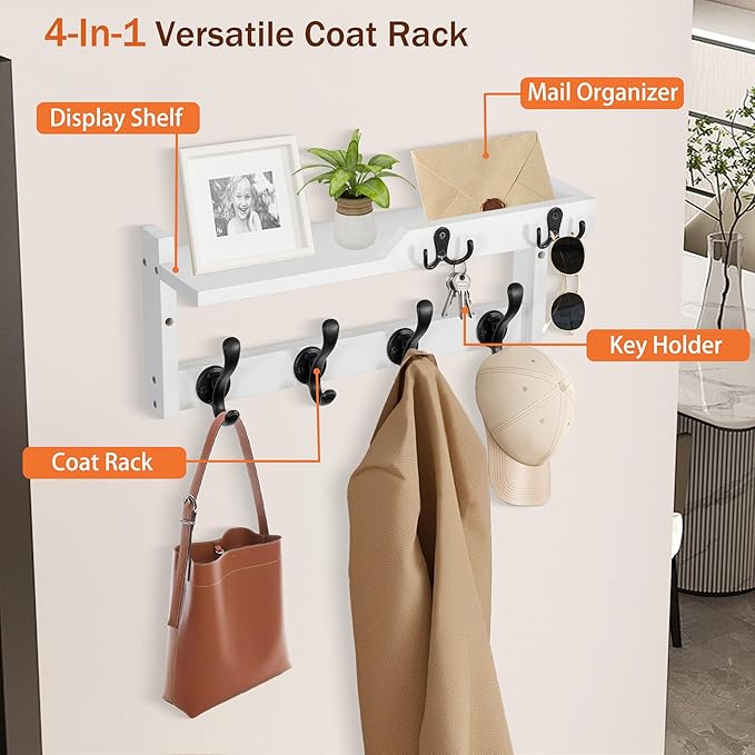 dreampossible Coat Rack Wall Mount with Shelf, Coat Hanger Wall Mount with Key Hooks and Mail Holder, Wood Entryway Floating 