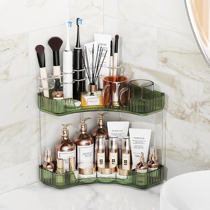 Asayuee 2-Tier Corner Bathroom Counter Organizer with Top Toothbrush Holders,Large Makeup Organizer Countertop with Brush Hol