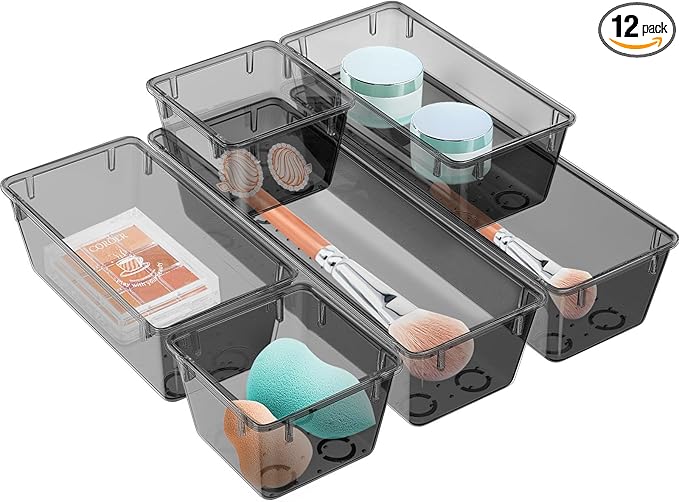 WOWBOX 12 Pack Clear Drawer Organizer Set, Acrylic Drawer Storage Trays, Storage Bins for Makeup, Cosmetics, Jewelries, Utens