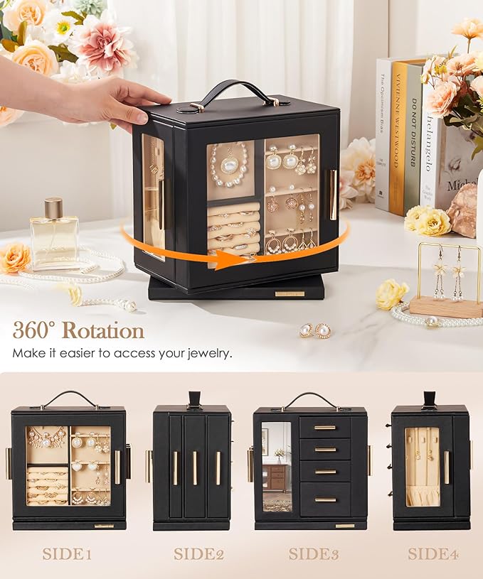 Homde Jewelry Box for Women Large: Rotating Organizer for Ring Earring Necklace Bracelet - 7 Drawers Storage for Dresser (Bla