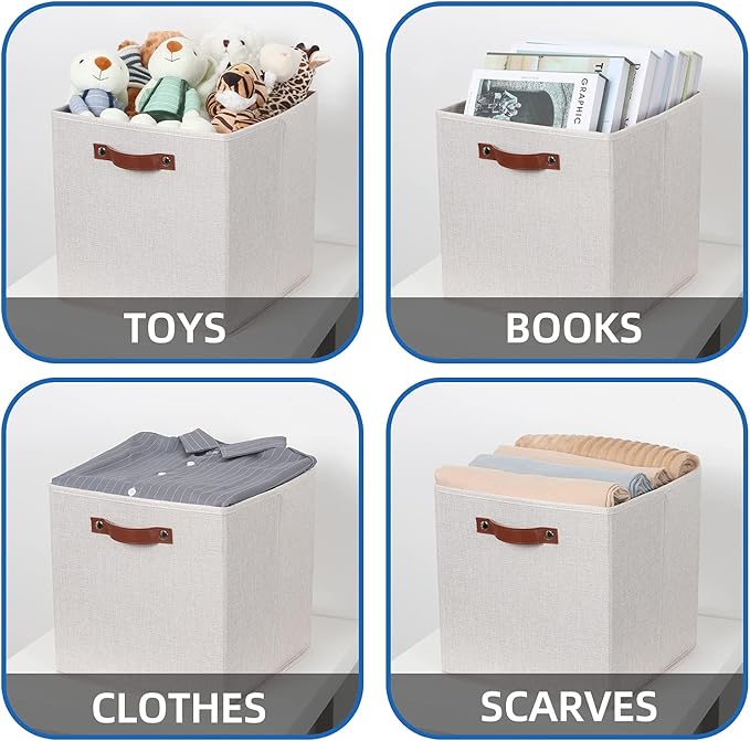 Temary Fabric Storage Cubes Storage Bins with Dual Leather Handles, 4 Pack Cube Baskets 13x13 Foldable Cube Organizers for Sh