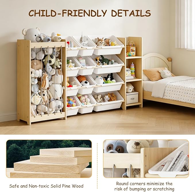 EXPERLAM 3-in-1 Toy Storage Organizer, Stuffed Animal Holder & 3-Tier Bookcase, Solid Wood Toy Organizer with 12 Storage Bins