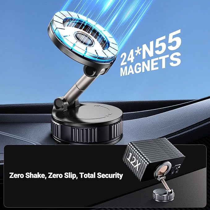 For MagSafe Car Mount, Foldable Vacuum Magnetic Phone Holder for Car, 360° Adjustable Suction Cup Magnetic Car Phone Holder Mount, Car Accessories for iPhone 17 16 15 14 13 Samsung All Phones, Black