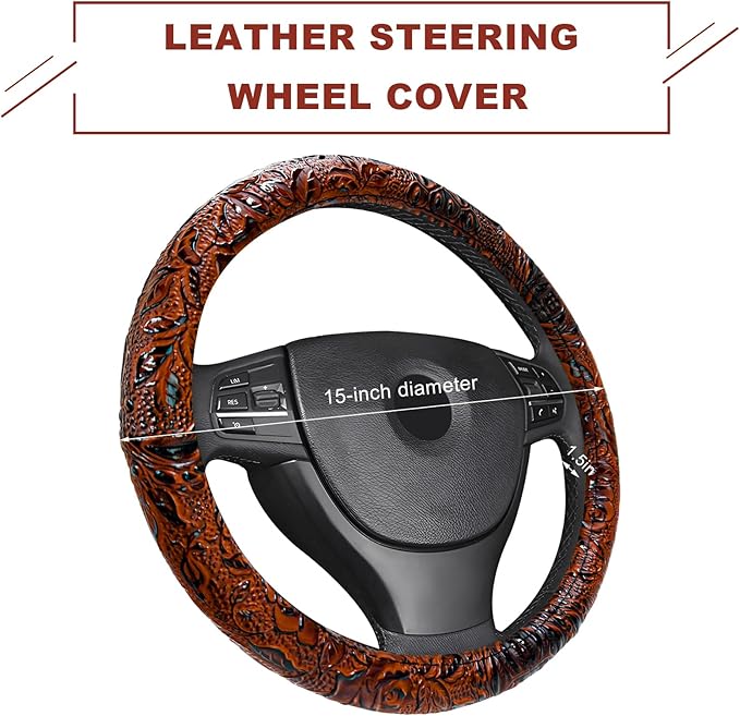 Sun Walker Leather Car Steering Wheel Cover, 15" Anti-Slip Crocodile Pattern Wheel Protector with Rose Grain, Comfortable Gri