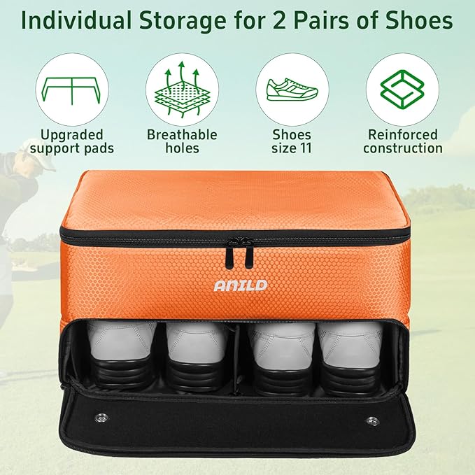 ANILD Golf Trunk Organizer, 2 Layer Golf Storage Case with Separate Ventilated Compartment for 2 Pair Shoes, for Balls, Tees,
