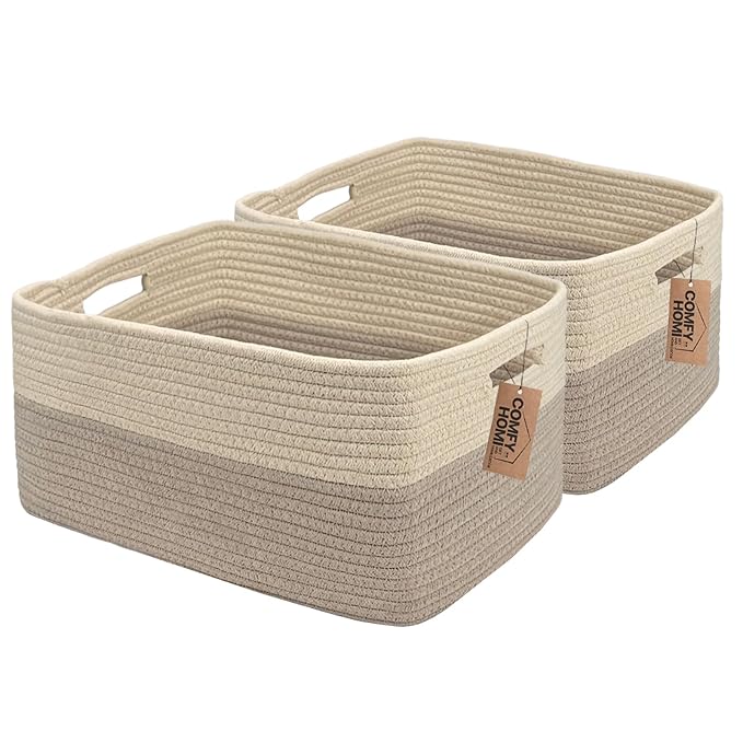 COMFY-HOMI 2 pcs Large Storage Baskets for Shelves, Laundry Basket, Woven Rope Basket, Closet Organizer Bins for Clothes Blan
