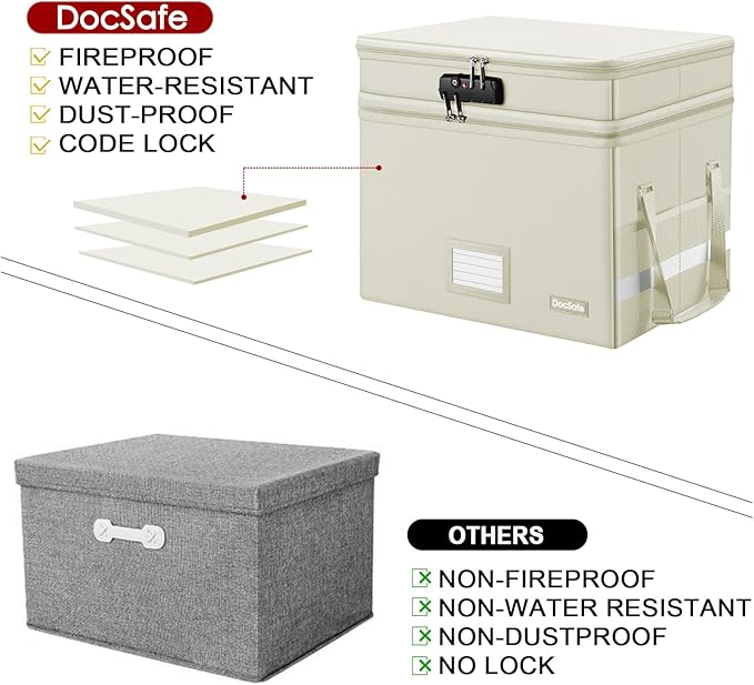 DocSafe File Box with Lock,Multi-Layer Fireproof Document Box Collapsible File Storage Organizer with Pockets/Handle,Large Po
