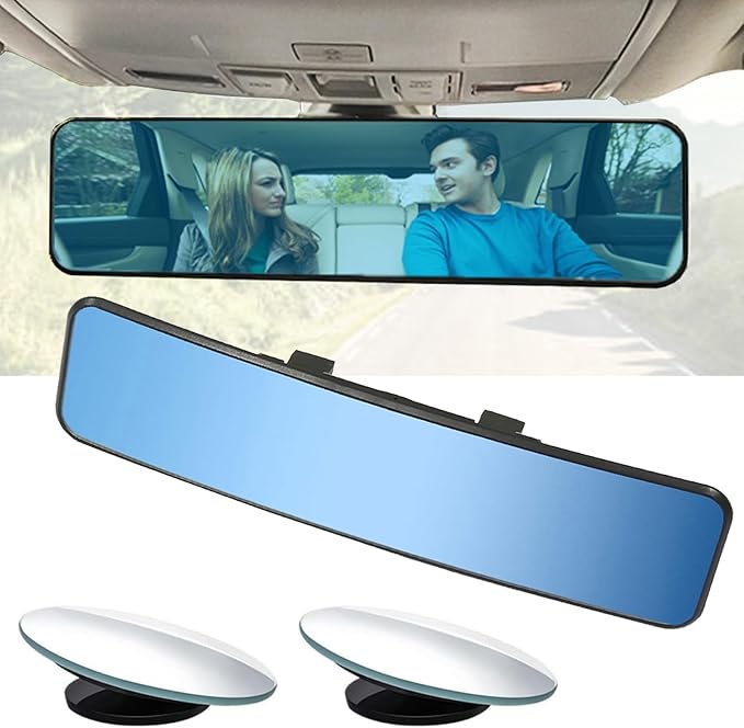 Universal 11.4 Inch Clip On Rearview Mirror - Anti Glare, Wide Angle - Convex - Blue Tint (Bonus 2 PCS Blind Spot Mirrors)