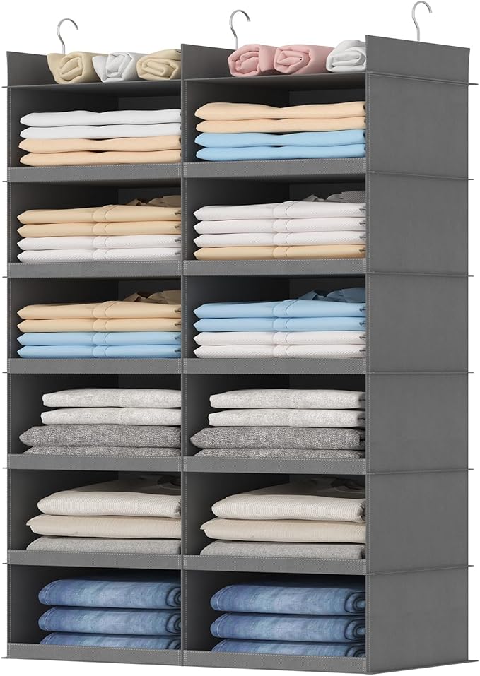 Lifewit Dual-Row 6 Tier Hanging Closet Organizer and Storage, Wide Clothes Storage Shelves with 3 Sturdy Hooks for Clothing O