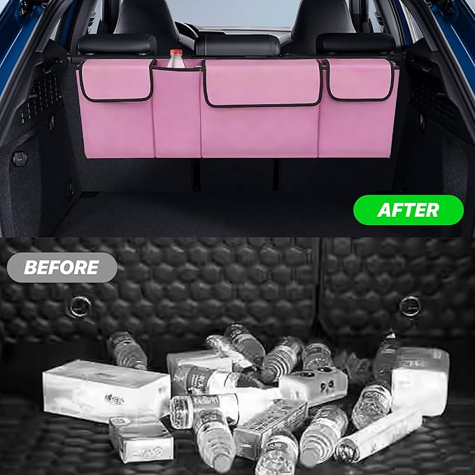 Car Trunk Organizer, Waterproof Backseat Hanging Large Storage with Adjustable Straps, Collapsible Cargo Bag with 4 Pockets,