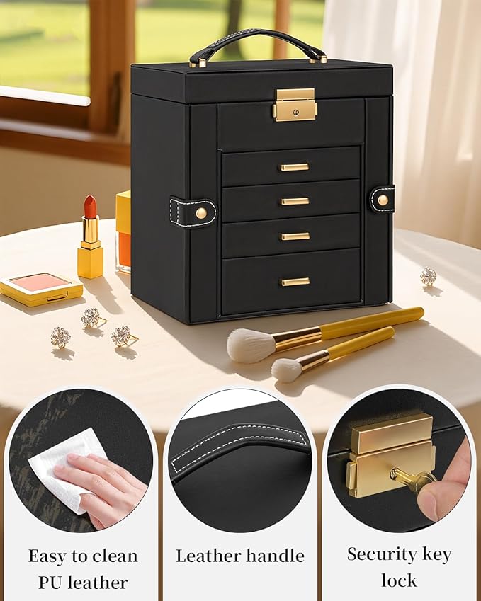 TORIBIO Jewelry Box for Women, Leather Jewelry Organizer with Mirror & Lock, 5-Tier Jewelry Storage Organizer with 4 Drawers 