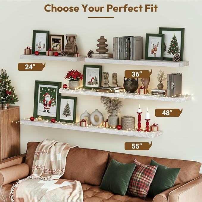 Vivelove Elm Wood Floating Shelves, Wooden Shelves for Wall with Invisible Bracket for Living Room Bedroom Bathroom Office Bo