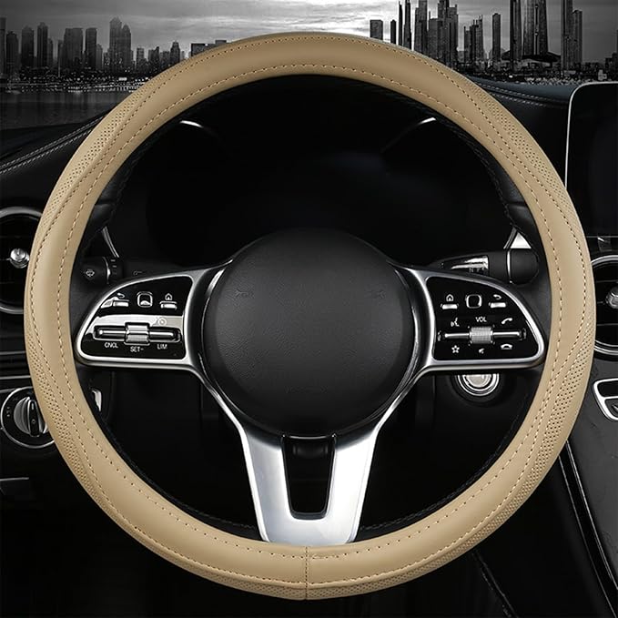 Cowhide Steering Wheel Cover Heat Resistant Anti-Slip Car Wheel Wrap Compatible with Most Makes and Models of Cars and Trucks with 14.5 to 15 Inch Steering Wheel