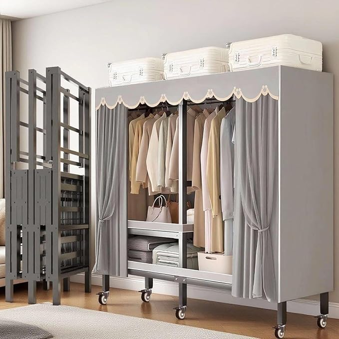 Foldable Portable Closet Wardrobe On Wheel, Load 2000lbs, Portable Wardrobe Closet, Heavy Duty Clothes Rack, Garment Racks fo