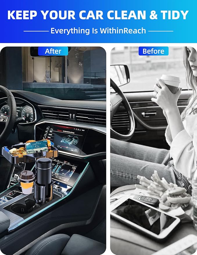 Car Cup Holder Tray, 10 Inch 4-in-1 Cup Holder Tray, 360° Rotating Drink Holder Expander with Detachable Food Tray & Phone Ho
