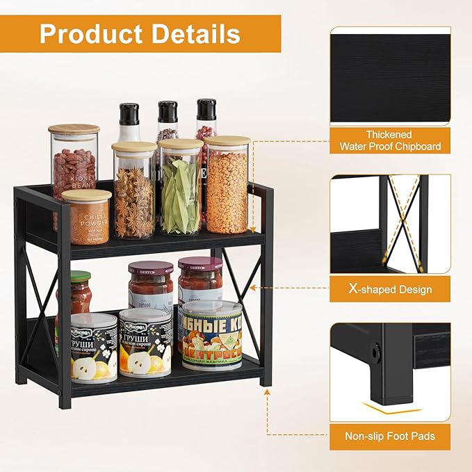 Giikin Kitchen Counter Shelf, 2 Tier Kitchen Spice Rack Organizer for Countertop, Wood Coffee Bar Organizer for Home (Black, 