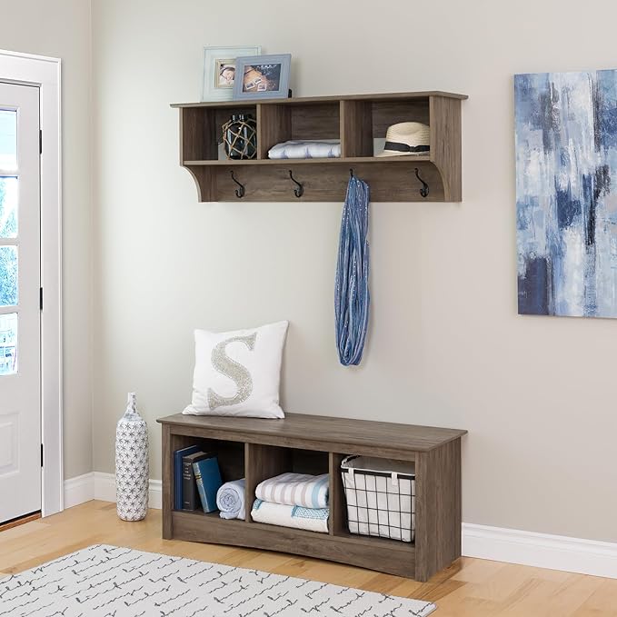 Prepac Drifted Gray 48" Contemporary Wall Mounted Coat Rack, Coat Hooks Wall Mount with 3 Shelves, Ideal for Hallway or Entry