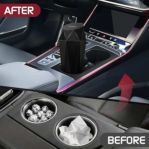 Car Trash Can with Lid, Mini Car Trash Cup with 30 Additional Trash Bags, Car Accessories for Interior, Leakproof Vehicle Garbage Bin for Car, Home, Office - 2 Packs, Black