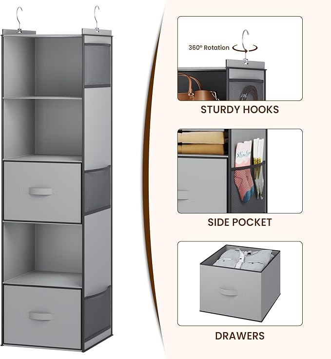 YOUDENOVA Hanging Closet Organizer, 5 Tier Hanging Closet Shelves with 6 Side Pockets and 2 Drawers, Light Grey