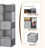 YOUDENOVA Hanging Closet Organizer, 5 Tier Hanging Closet Shelves with 6 Side Pockets and 2 Drawers, Light Grey