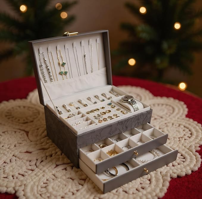 TOFUNTOY Jewelry Organizer Box, Large Jewelry Boxes for Women, 3-Layer Jewelry Holder Organizer for Necklace Earrings Rings B